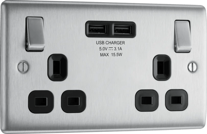 BG NBS22U3 Nexus Metal Brushed Steel 2x Swi. 13A Power Skt w- Usb Charging - 2X Usb Skts (3.1A) - BG - Falcon Electrical UK