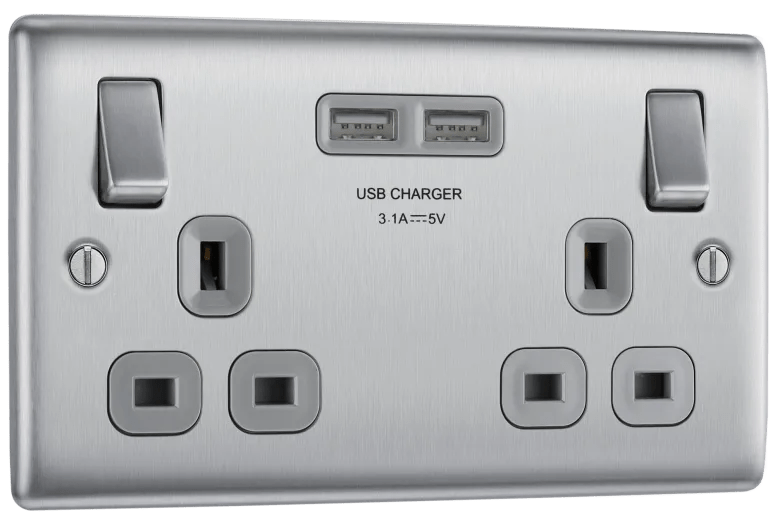 BG NBS22U3 Nexus Metal Brushed Steel 2x Swi. 13A Power Skt w- Usb Charging - 2X Usb Skts (3.1A) - BG - Falcon Electrical UK