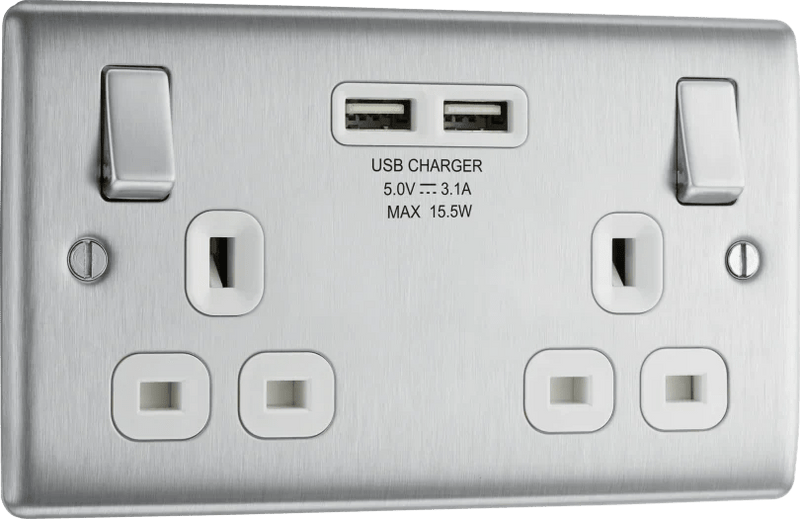 BG NBS22U3 Nexus Metal Brushed Steel 2x Swi. 13A Power Skt w- Usb Charging - 2X Usb Skts (3.1A) - BG - Falcon Electrical UK