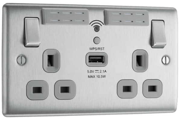 BG NBS22UWRG 13A Brushed Steel Double Socket with WiFi Range Extender & USB (Grey Insert) - BG - Falcon Electrical UK