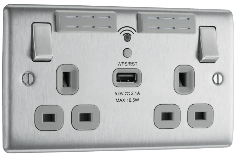 BG NBS22UWRG 13A Brushed Steel Double Socket with WiFi Range Extender & USB (Grey Insert) - BG - Falcon Electrical UK