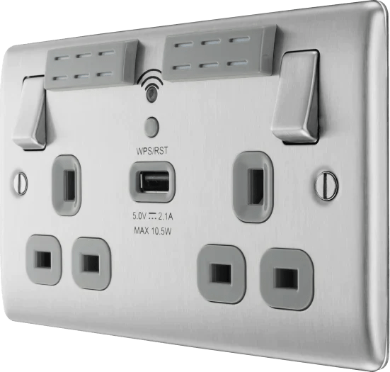 BG NBS22UWRG 13A Brushed Steel Double Socket with WiFi Range Extender & USB (Grey Insert) - BG - Falcon Electrical UK