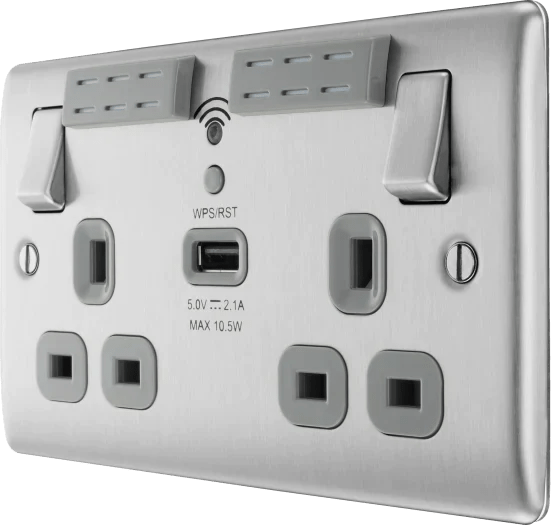 BG NBS22UWRG 13A Brushed Steel Double Socket with WiFi Range Extender & USB (Grey Insert)