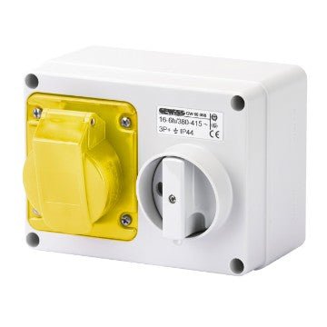 Gewiss GW66001 2P+E, 16A, Fixed Interlocked Horizontal Socket-Outlet w- Bottom 100 - 130V, 4H - Gewiss - Falcon Electrical UK