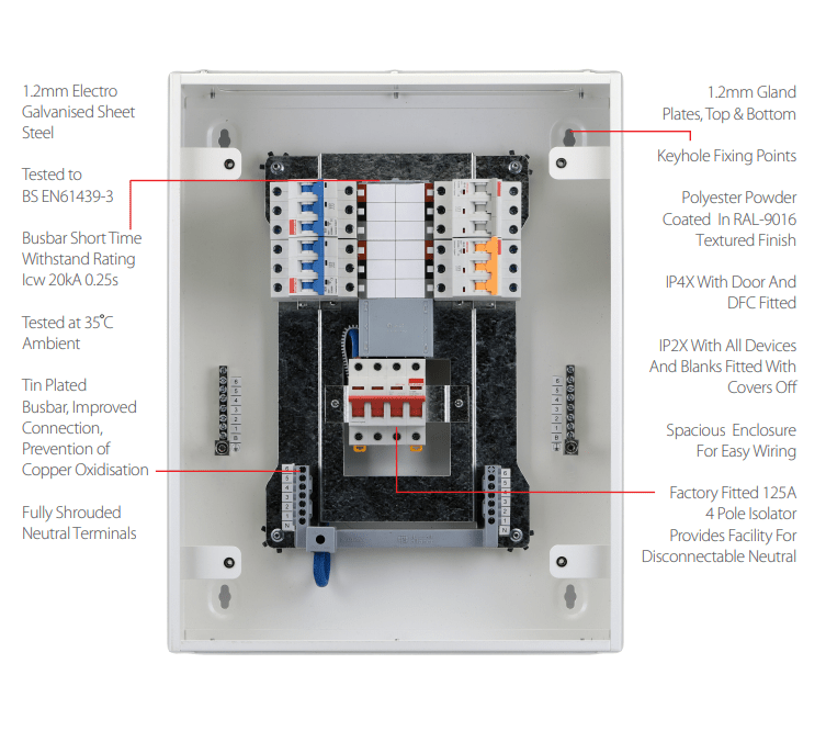Contactum RCD Type B Distribution Board 12 TP Ways Provision for Iso- Board Rated 125A - DDB125PIR12 - Contactum - Falcon Electrical UK