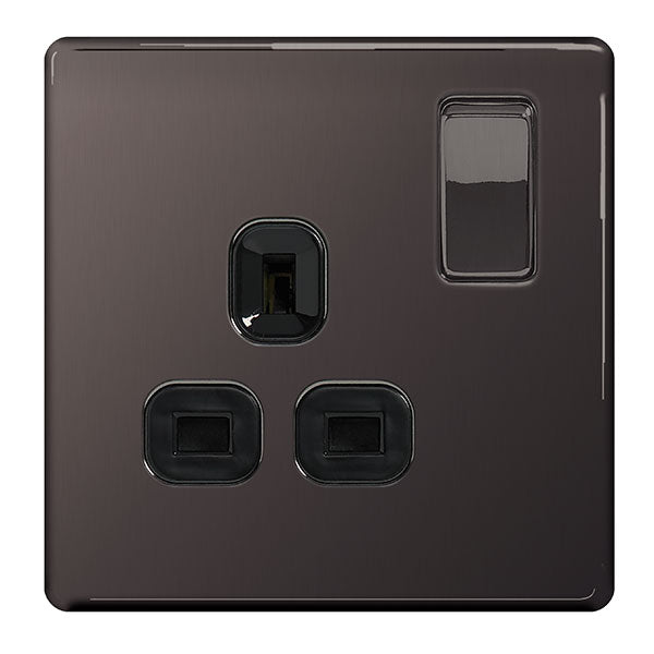 BG FBN21B Screwless Flatplate Black Nickel Single Switched 13A Power Socket - BG - Falcon Electrical UK