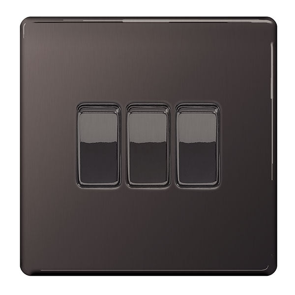 BG FBN43 Screwless Flatplate Black Nickel Triple Switch, 10Ax 2 Way - BG - Falcon Electrical UK