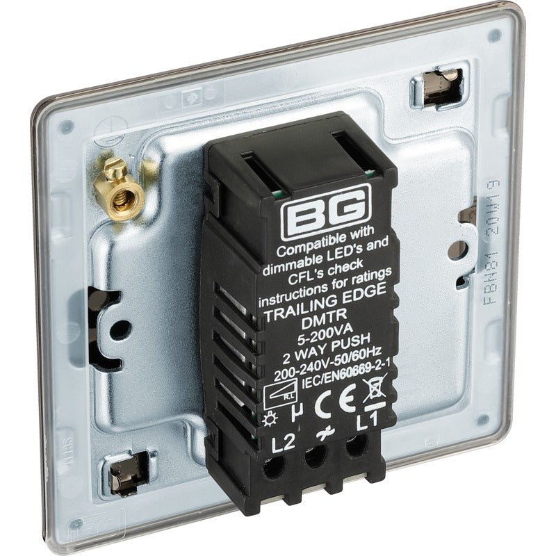 BG FBN81 Screwless Flatplate Black Nickel Intelligent 400W Single Dimmer Switch, 2-Way Push On-Off - BG - Falcon Electrical UK
