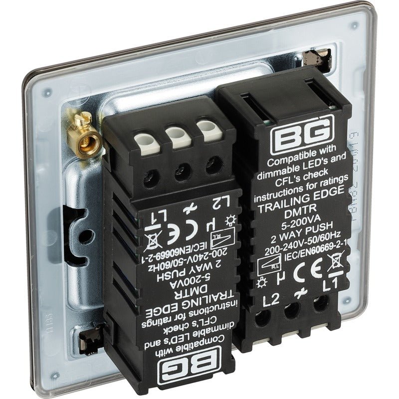 BG FBN82 Screwless Flatplate Black Nickel Intelligent 400W Double Dimmer Switch, 2-Way Push On-Off - BG - Falcon Electrical UK