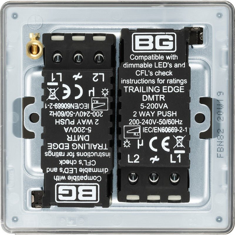 BG FBN82 Screwless Flatplate Black Nickel Intelligent 400W Double Dimmer Switch, 2-Way Push On-Off - BG - Falcon Electrical UK