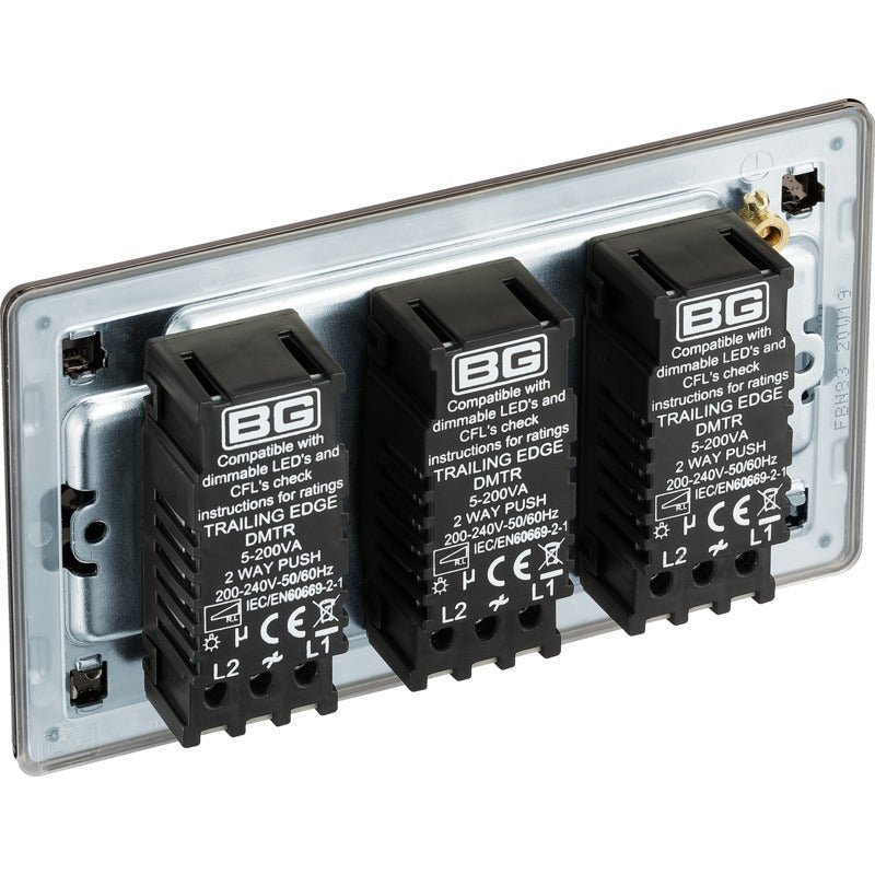BG FBN83 Screwless Flatplate Black Nickel Intelligent 400W Triple Dimmer Switch, 2-Way Push On-Off - BG - Falcon Electrical UK