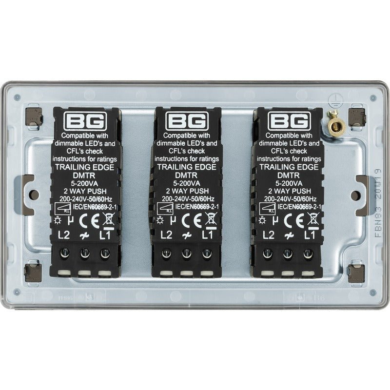 BG FBN83 Screwless Flatplate Black Nickel Intelligent 400W Triple Dimmer Switch, 2-Way Push On-Off - BG - Falcon Electrical UK