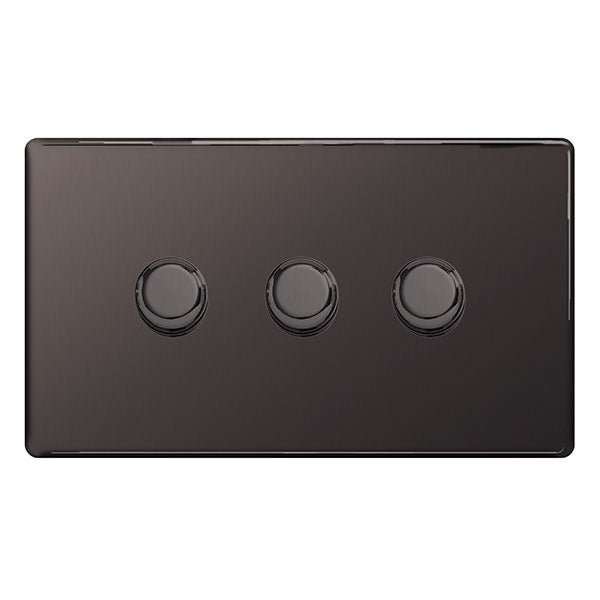 BG FBN83P Screwless Flatplate Black Nickel 400W Triple Dimmer Switch, 2-Way Push On-Off - BG - Falcon Electrical UK