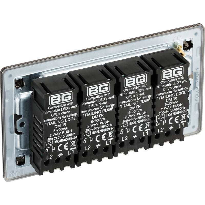 BG FBN84 Screwless Flatplate Black Nickel Intelligent 400W 4-Gang Dimmer Switch, 2-Way Push On-Off - BG - Falcon Electrical UK