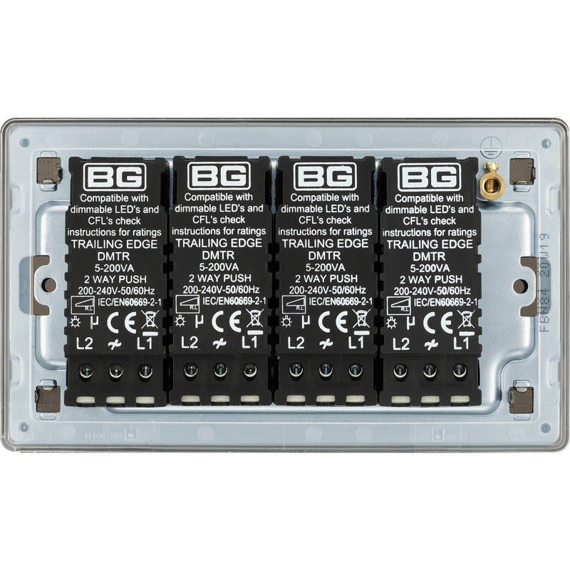 BG FBN84 Screwless Flatplate Black Nickel Intelligent 400W 4-Gang Dimmer Switch, 2-Way Push On-Off - BG - Falcon Electrical UK