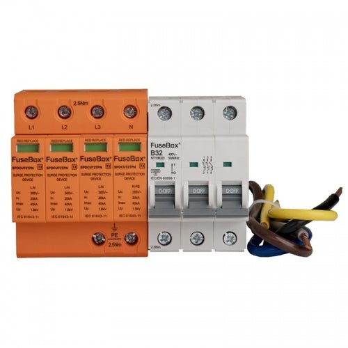 Fusebox SPDCUKITT2TPN Three Phase T2 SPD 3P+NPE TPN Kit, (Inc Cables + 3P B32 MCB) - Fusebox - Falcon Electrical UK