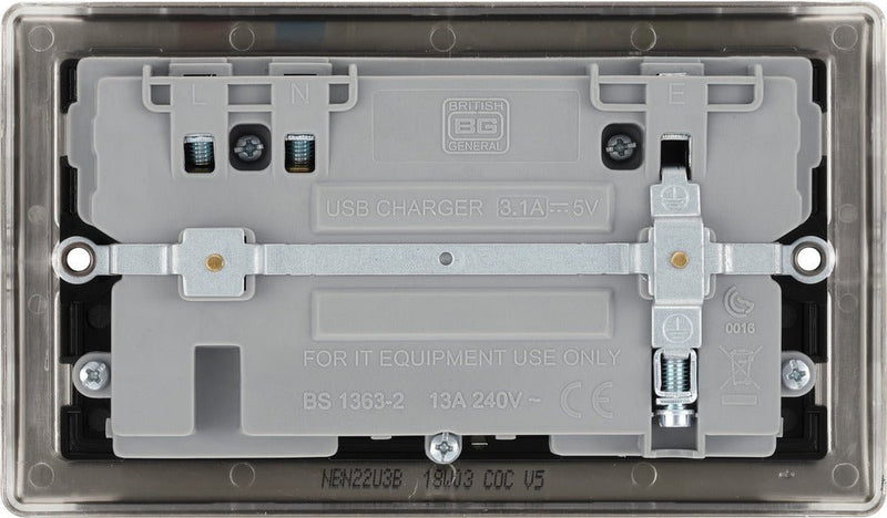 BG NBN22U3B Nexus Metal Black Nickel 2x Swi. 13A Power Skt w- Usb Charging - 2X Usb Skts (3.1A) - BG - Falcon Electrical UK