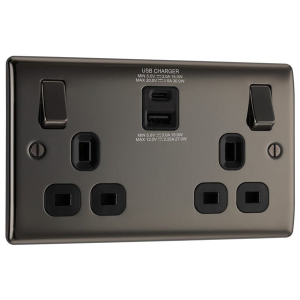 BG NBN22UAC30B Nexus Metal Black Nickel Double 13A Socket with Type A and C Charger 30W - BG - Falcon Electrical UK