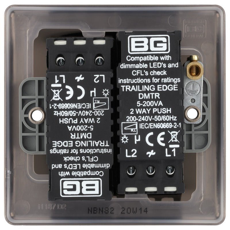 BG NBN82 Nexus Metal Black Nickel Intelligent 400W Double Dimmer Switch, 2-Way Push On-Off - BG - Falcon Electrical UK