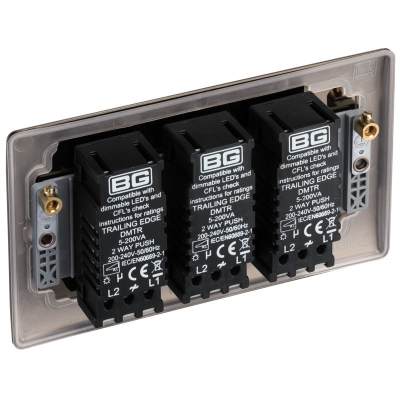 BG NBN83 Nexus Metal Black Nickel Intelligent 400W Triple Dimmer Switch, 2-Way Push On-Off - BG - Falcon Electrical UK