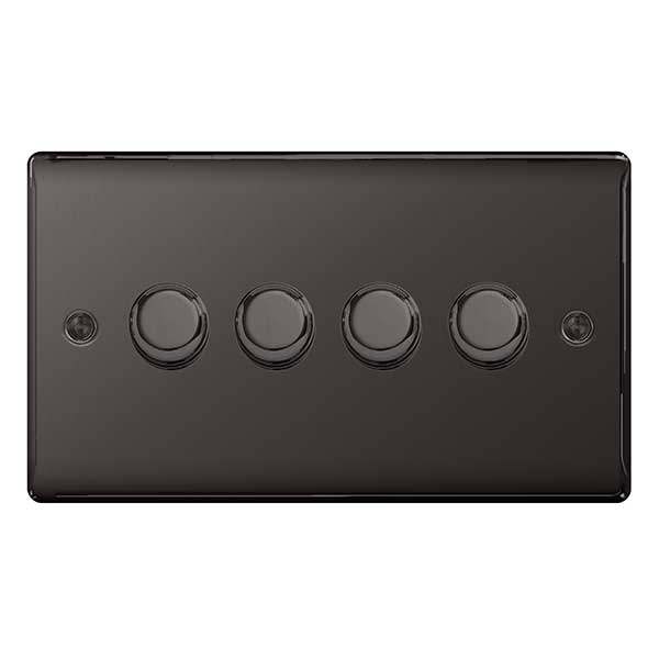 BG FBN84 Screwless Flatplate Black Nickel Intelligent 400W 4-Gang Dimmer Switch, 2-Way Push On-Off - BG - Falcon Electrical UK