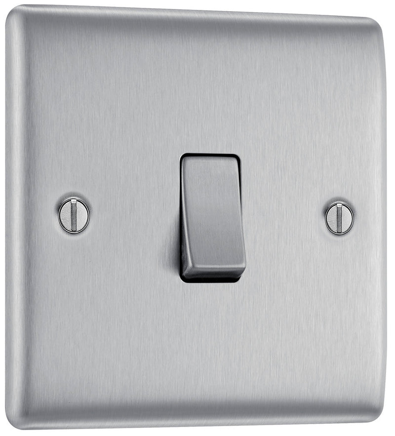 BG NBS12 Nexus Metal Brushed Steel Single Switch, 10A x 2 Way - BG - Falcon Electrical UK