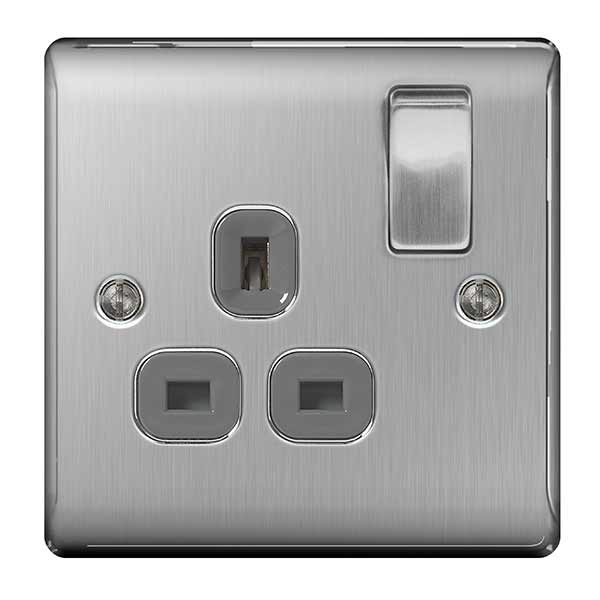 BG NBS21G Nexus Metal Brushed Steel Single Switched 13A Power Socket - BG - Falcon Electrical UK