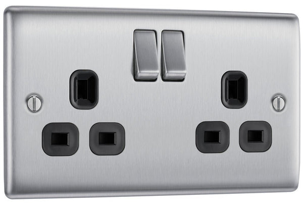 BG NBS22B Nexus Metal Brushed Steel Double Switched 13A Power Socket - BG - Falcon Electrical UK