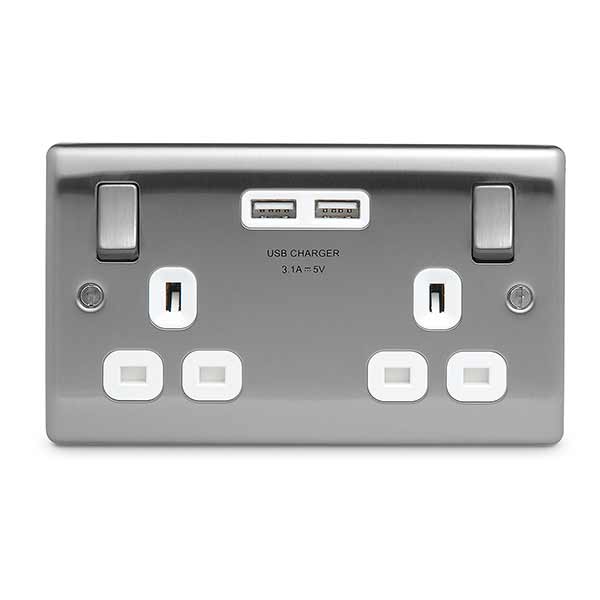 BG NBS22U3 Nexus Metal Brushed Steel 2x Swi. 13A Power Skt w- Usb Charging - 2X Usb Skts (3.1A) - BG - Falcon Electrical UK