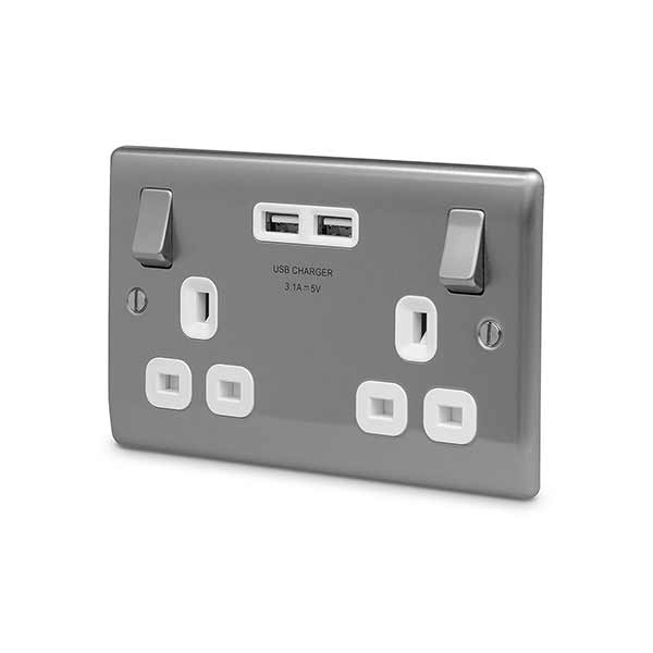 BG NBS22U3 Nexus Metal Brushed Steel 2x Swi. 13A Power Skt w- Usb Charging - 2X Usb Skts (3.1A) - BG - Falcon Electrical UK