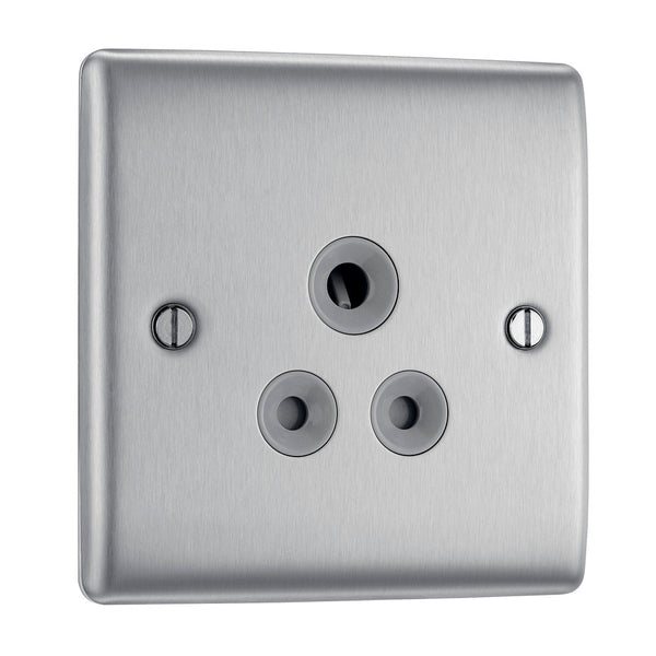 BG NBS29G Nexus Metal Brushed Steel Single Round Pin Unswitched 5A Socket - BG - Falcon Electrical UK