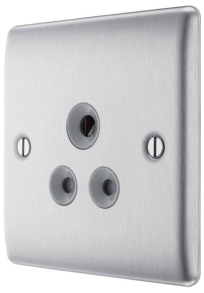 BG NBS29G Nexus Metal Brushed Steel Single Round Pin Unswitched 5A Socket - BG - Falcon Electrical UK