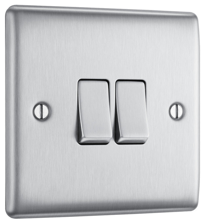 BG NBS42 Nexus Metal Brushed Steel Double Switch, 10Ax 2 Way - BG - Falcon Electrical UK