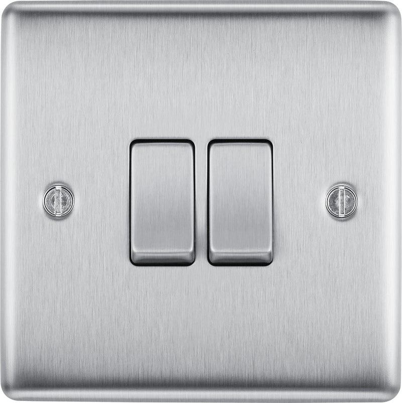 BG NBS42 Nexus Metal Brushed Steel Double Switch, 10Ax 2 Way - BG - Falcon Electrical UK