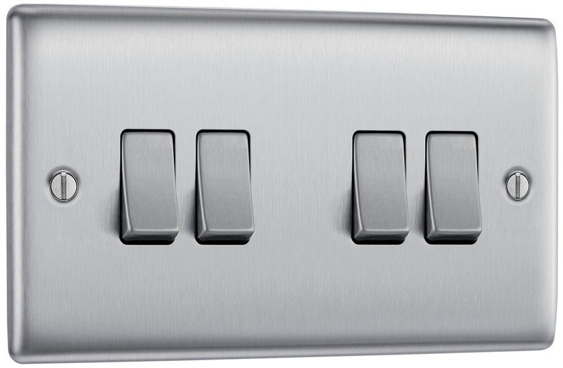 BG NBS44 Nexus Metal Brushed Steel Quadruple Switch, 10Ax 2 Way - BG - Falcon Electrical UK