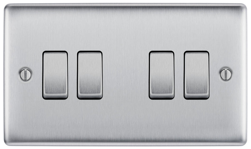 BG NBS44 Nexus Metal Brushed Steel Quadruple Switch, 10Ax 2 Way - BG - Falcon Electrical UK