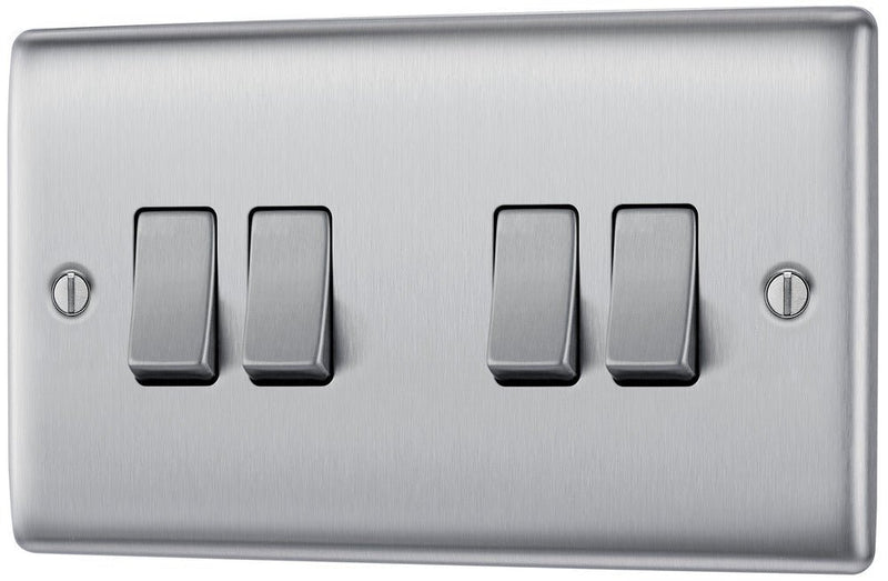 BG NBS44 Nexus Metal Brushed Steel Quadruple Switch, 10Ax 2 Way - BG - Falcon Electrical UK