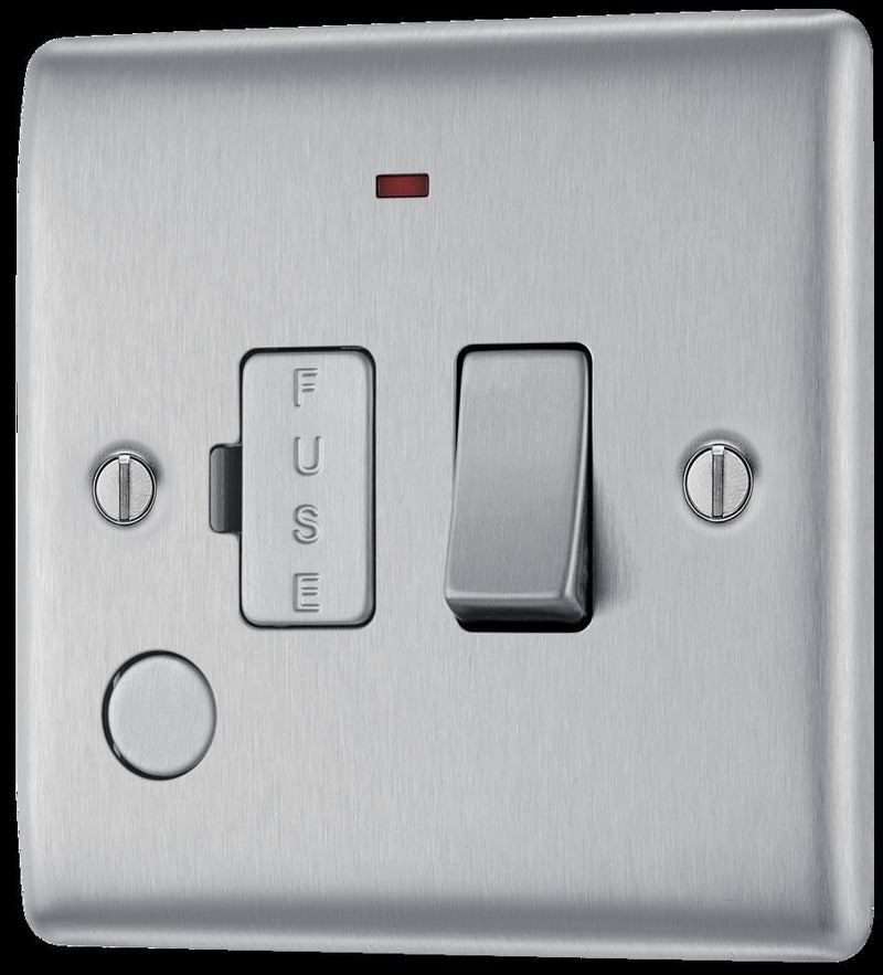 BG NBS53 Nexus Metal Brushed Steel Swi. 13A Fused Conn. Unit, w- Neon & Cable Outlet - BG - Falcon Electrical UK