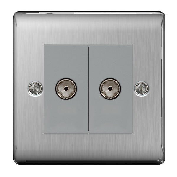 BG NBS61 Nexus Metal Brushed Steel Twin Socket for Tv or FM Co-Axial Aerial Connection - BG - Falcon Electrical UK