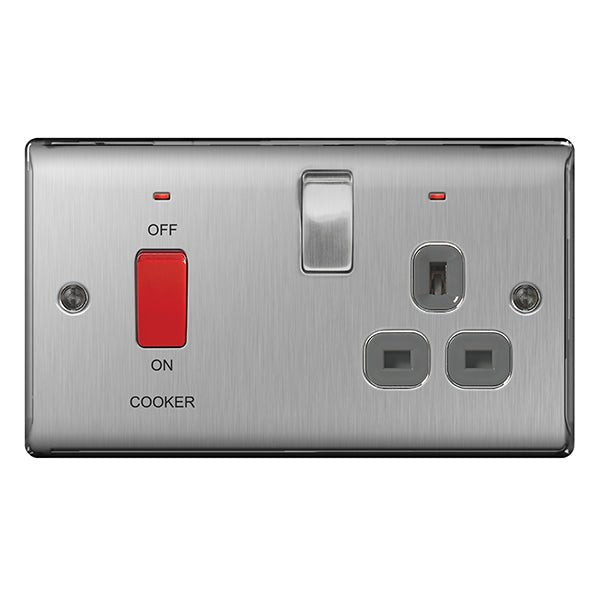 BG NBS70G Nexus Metal Brushed Steel 45A Cook. Control Unit w- Swi. 13A Power Skt. + Neon - BG - Falcon Electrical UK