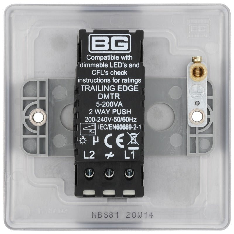 BG NBS81 Nexus Metal Brushed Steel 400W Intelligent Single Dimmer Switch, 2-Way Push On-Off - BG - Falcon Electrical UK