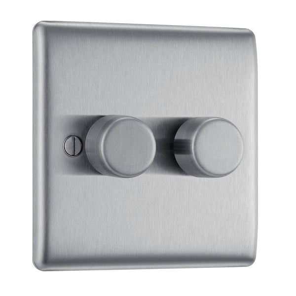 BG NBS82 Nexus Metal Brushed Steel Intelligent 400W Double Dimmer Switch, 2-Way Push On-Off - BG - Falcon Electrical UK