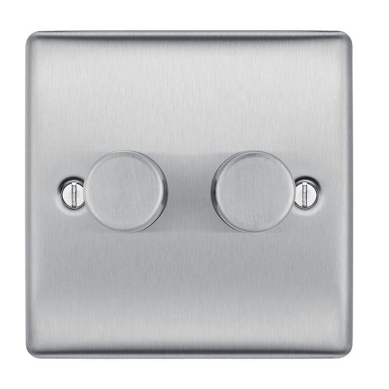 BG NBS82 Nexus Metal Brushed Steel Intelligent 400W Double Dimmer Switch, 2-Way Push On-Off - BG - Falcon Electrical UK