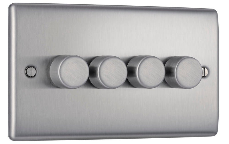 BG NBS84 Nexus Metal Brushed Steel Intelligent 400W Quadruple Dimmer Switch, 2-Way Push On-Off - BG - Falcon Electrical UK