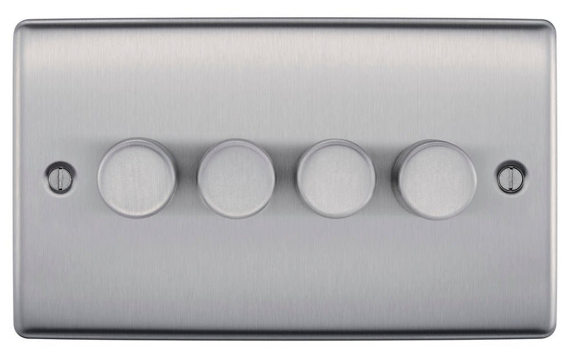 BG NBS84 Nexus Metal Brushed Steel Intelligent 400W Quadruple Dimmer Switch, 2-Way Push On-Off - BG - Falcon Electrical UK