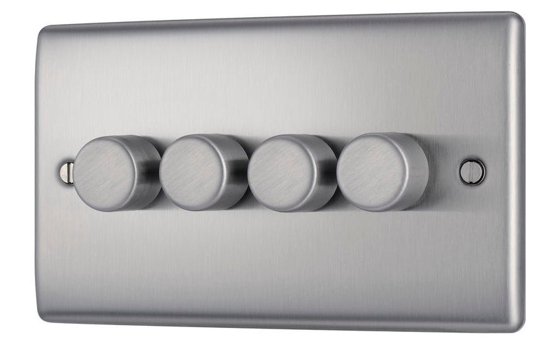 BG NBS84 Nexus Metal Brushed Steel Intelligent 400W Quadruple Dimmer Switch, 2-Way Push On-Off - BG - Falcon Electrical UK