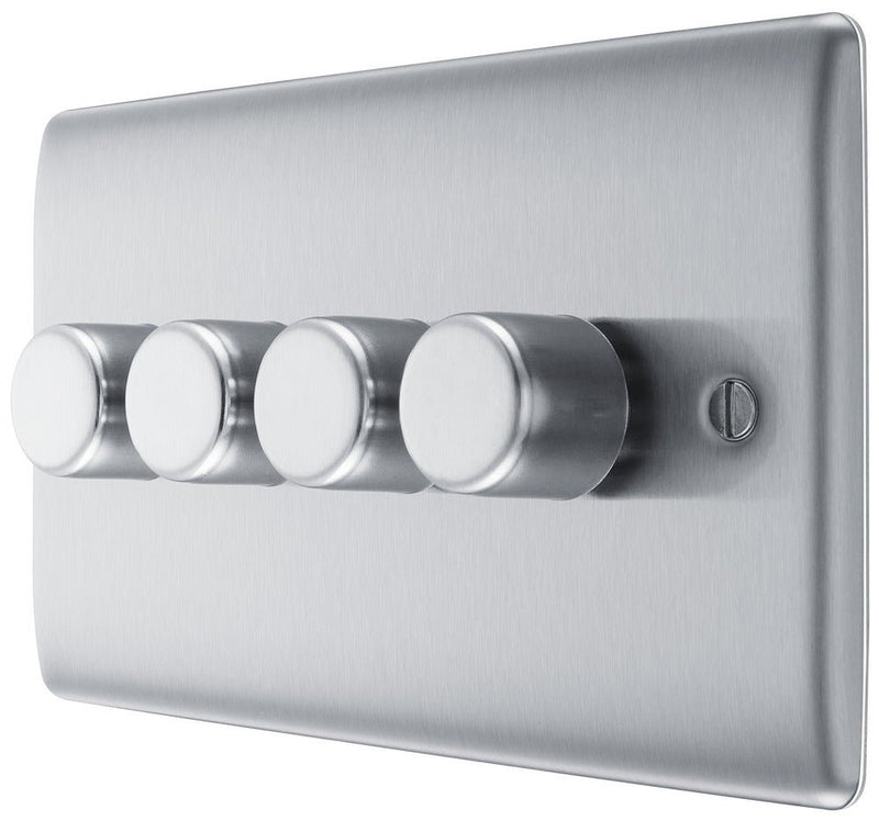 BG NBS84 Nexus Metal Brushed Steel Intelligent 400W Quadruple Dimmer Switch, 2-Way Push On-Off - BG - Falcon Electrical UK