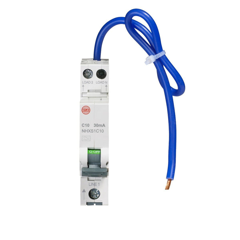 Wylex NHXS1C10 10A 30mA SP with Swi. Neutral C Curve 6kA Type A Mini. RCBO - Wylex - Falcon Electrical UK