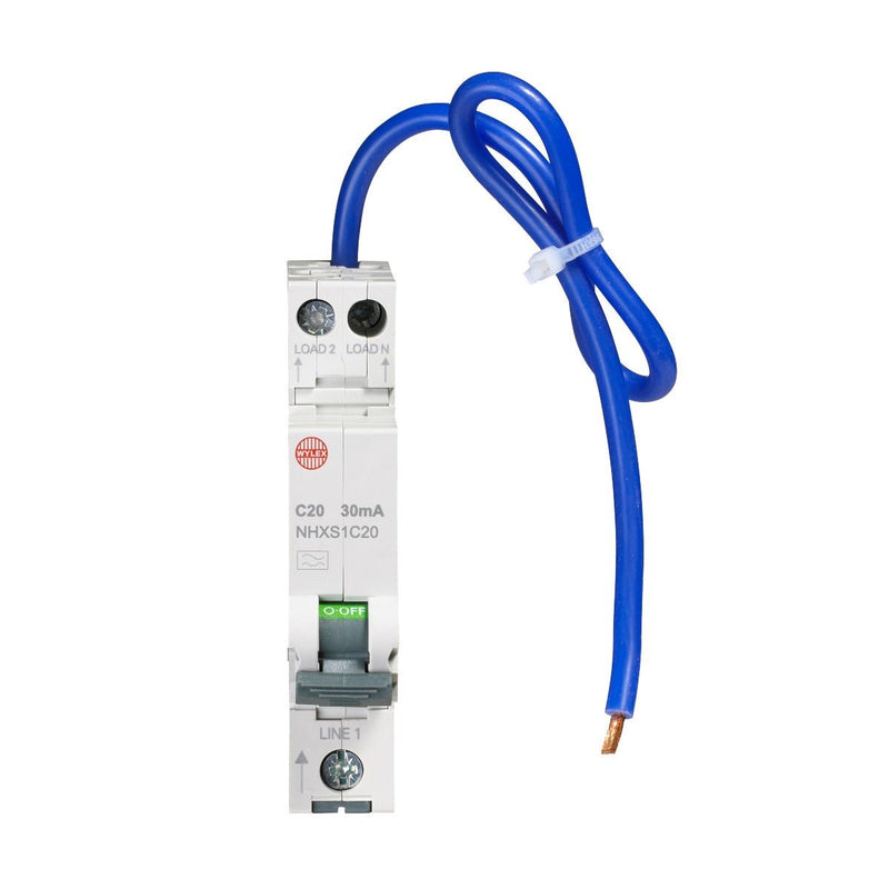 Wylex NHXS1C20 20A 30mA SP with Swi. Neutral C Curve 6kA Type A Mini. RCBO - Wylex - Falcon Electrical UK