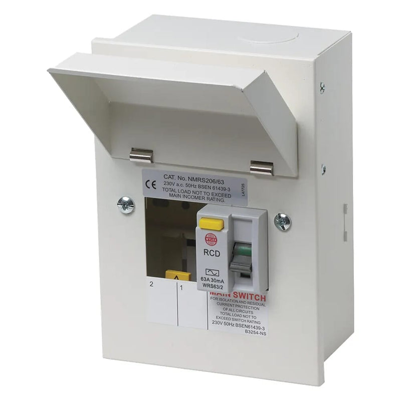 Wylex NMRS206-63A 2 Way Consumer Unit RCD Incomer 63A 30mA - Wylex - Falcon Electrical UK